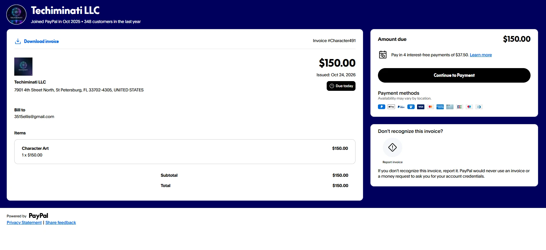 Techiminati LLC Verified PayPal Invoice Desktop View